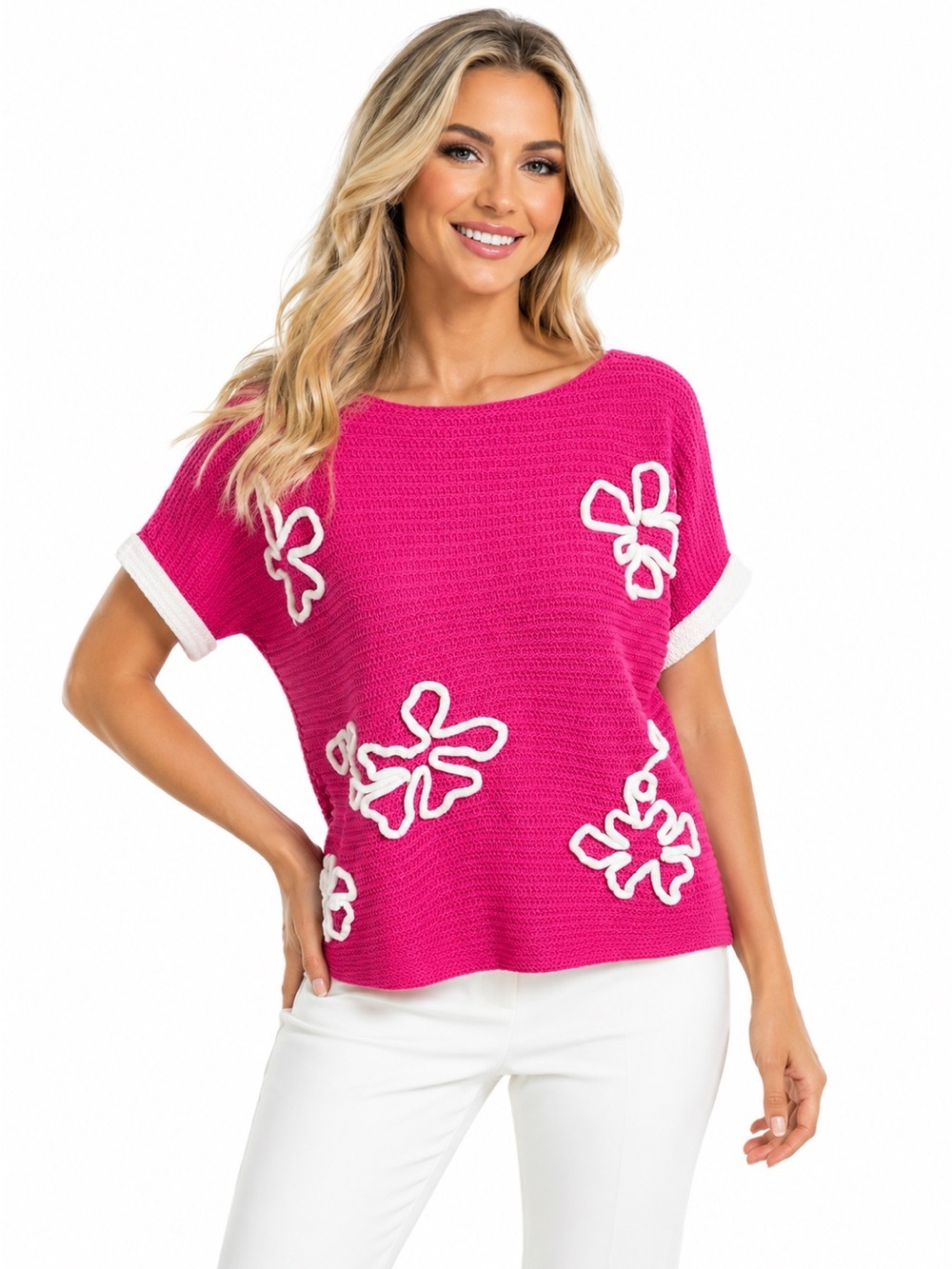 Jodifl NWT Pink Textured Knit Floral Applique Boat Neck Top Women’s